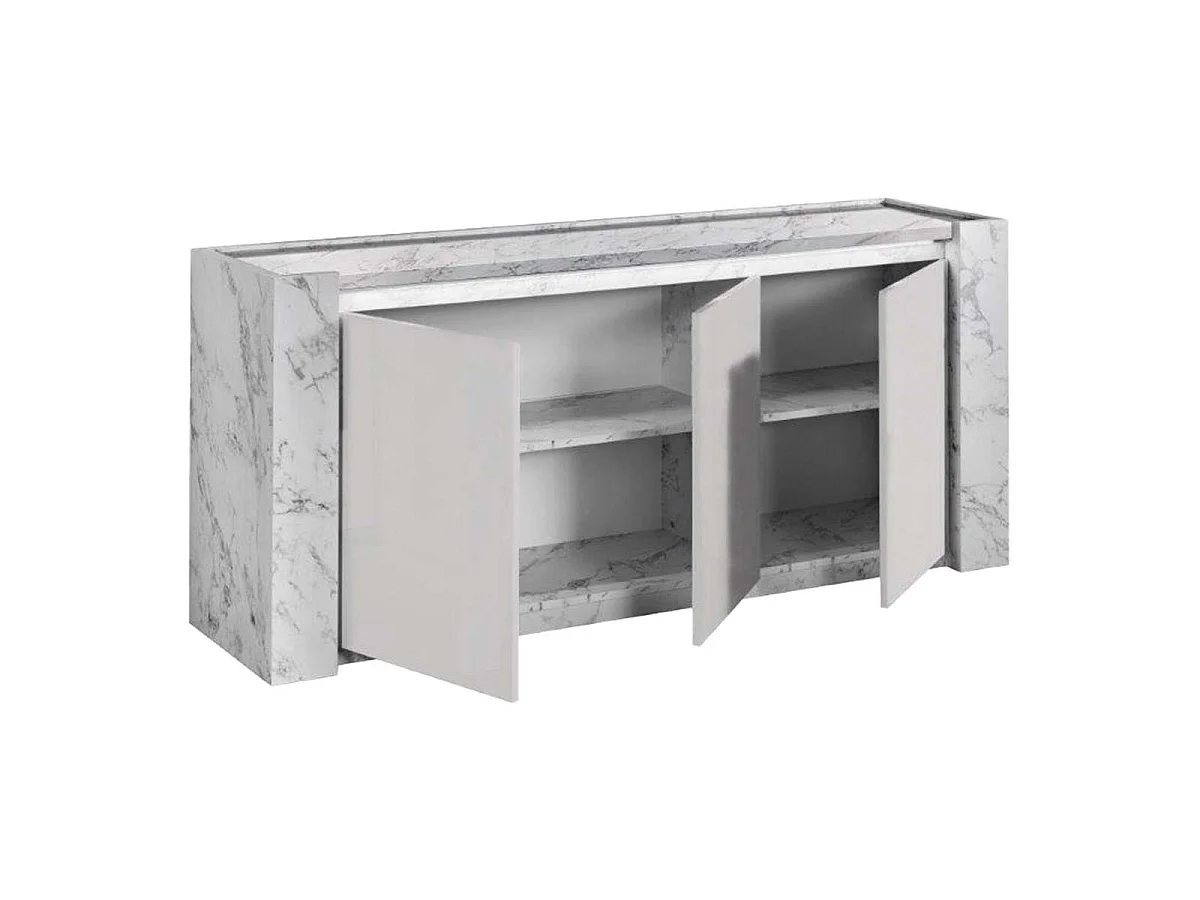 PRAVA - Ensemble Séjour Complet Blanc et Effet Marbre Table 190cm + Buffet et Vitrine avec Leds