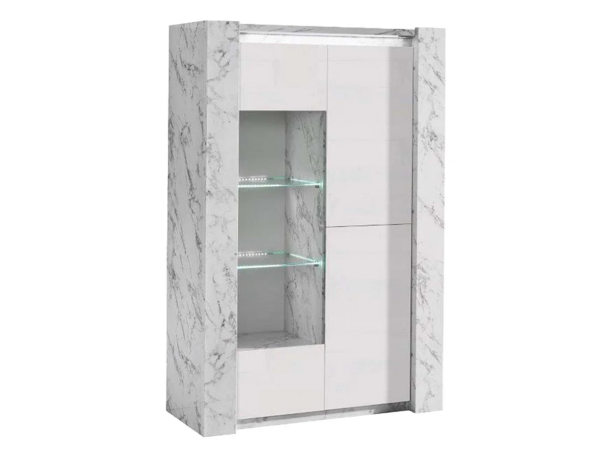 PRAVA - Ensemble Séjour Complet Blanc et Effet Marbre Table 190cm + Buffet et Vitrine avec Leds