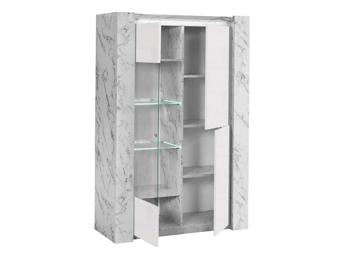 PRAVA - Ensemble Séjour Complet Blanc et Effet Marbre Table 190cm + Buffet et Vitrine avec Leds
