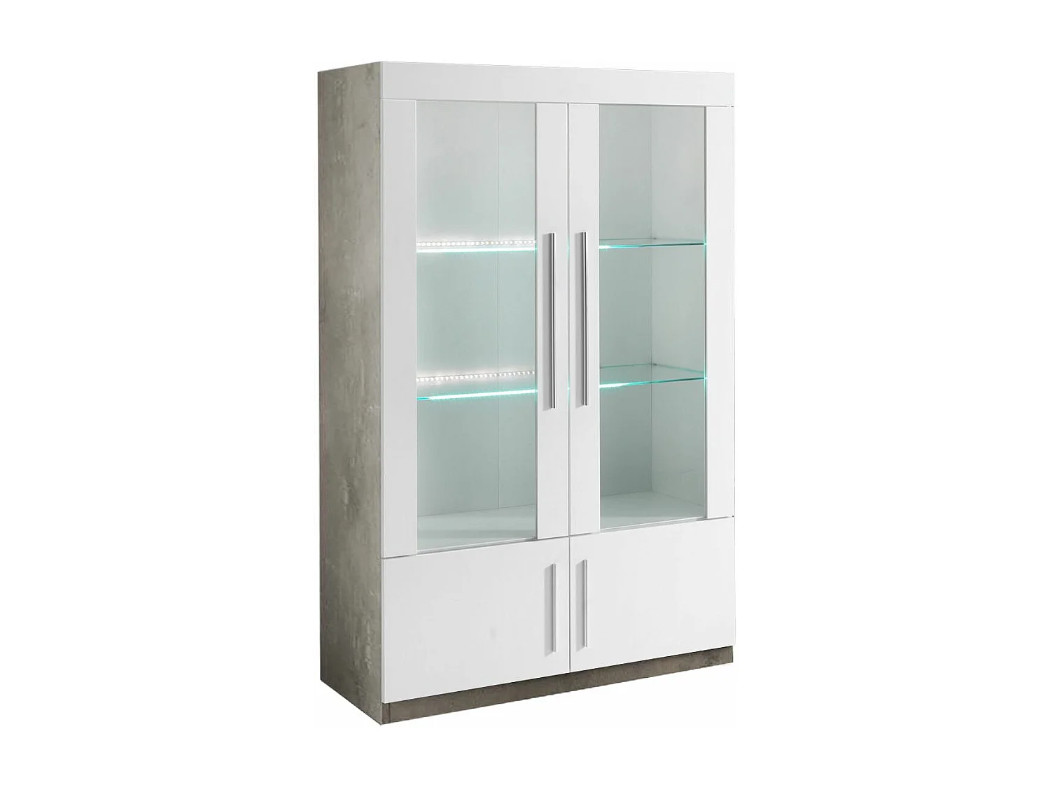 CLARK - Ensemble Séjour Complet Blanc et Marbre Table 160cm + Buffet + Vitrine avec Leds