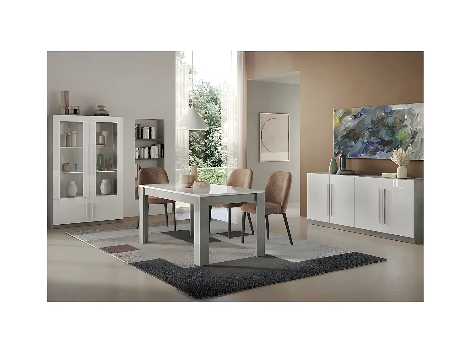 CLARK - Ensemble Séjour Complet Blanc et Marbre Table 160cm + Buffet + Vitrine avec Leds