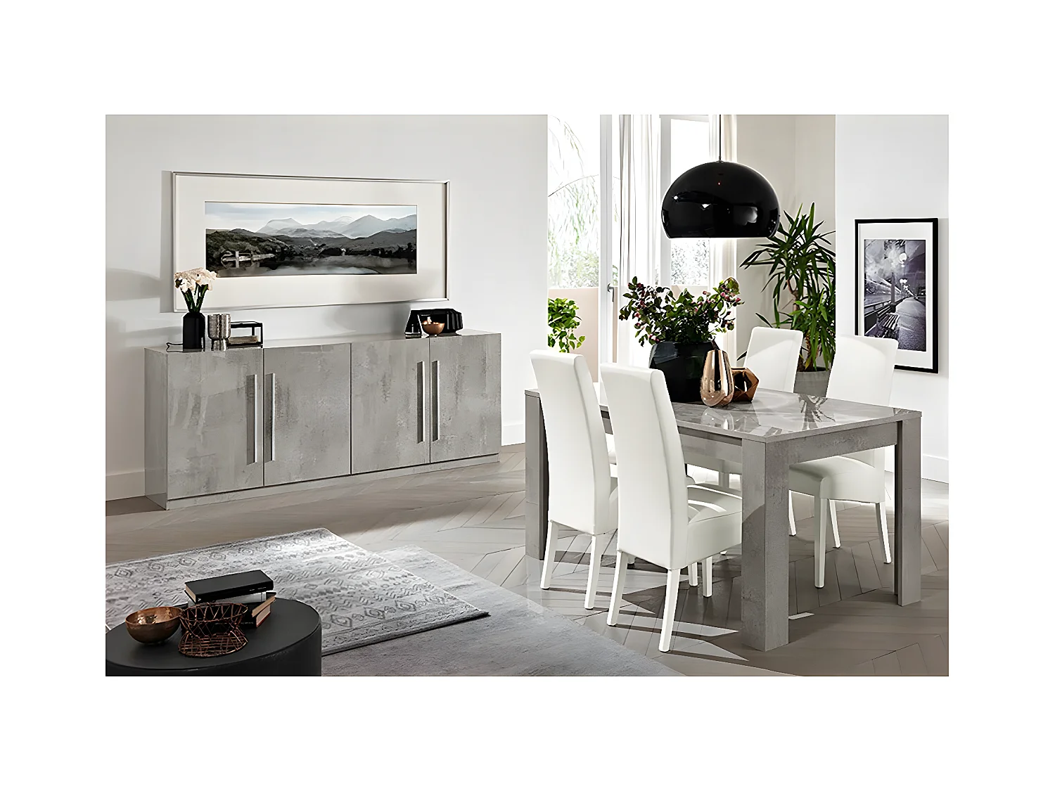 CLARK - Ensemble Séjour Effet Marbre Table 160cm + Buffet 4 Portes