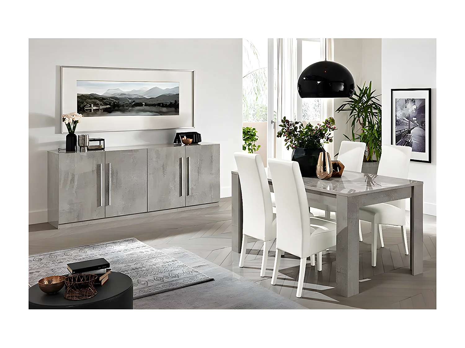 CLARK - Ensemble Séjour Effet Marbre Table 160cm + Buffet 4 Portes