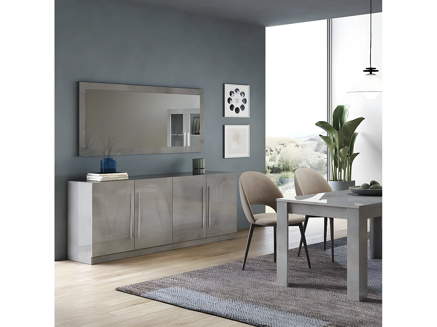 CLARK - Ensemble Séjour Effet Marbre Table 160cm + Buffet 4 Portes