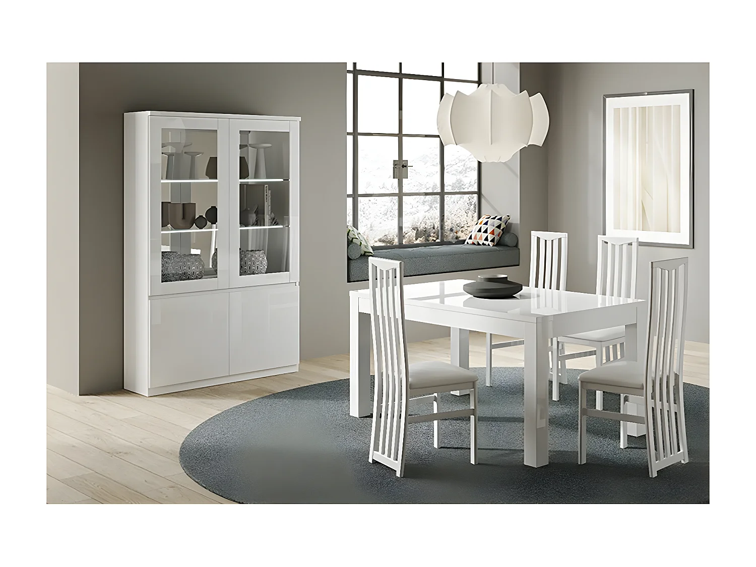 DEYTON - Ensemble Séjour Laqué Blanc Table 160cm + Vitrine avec Leds