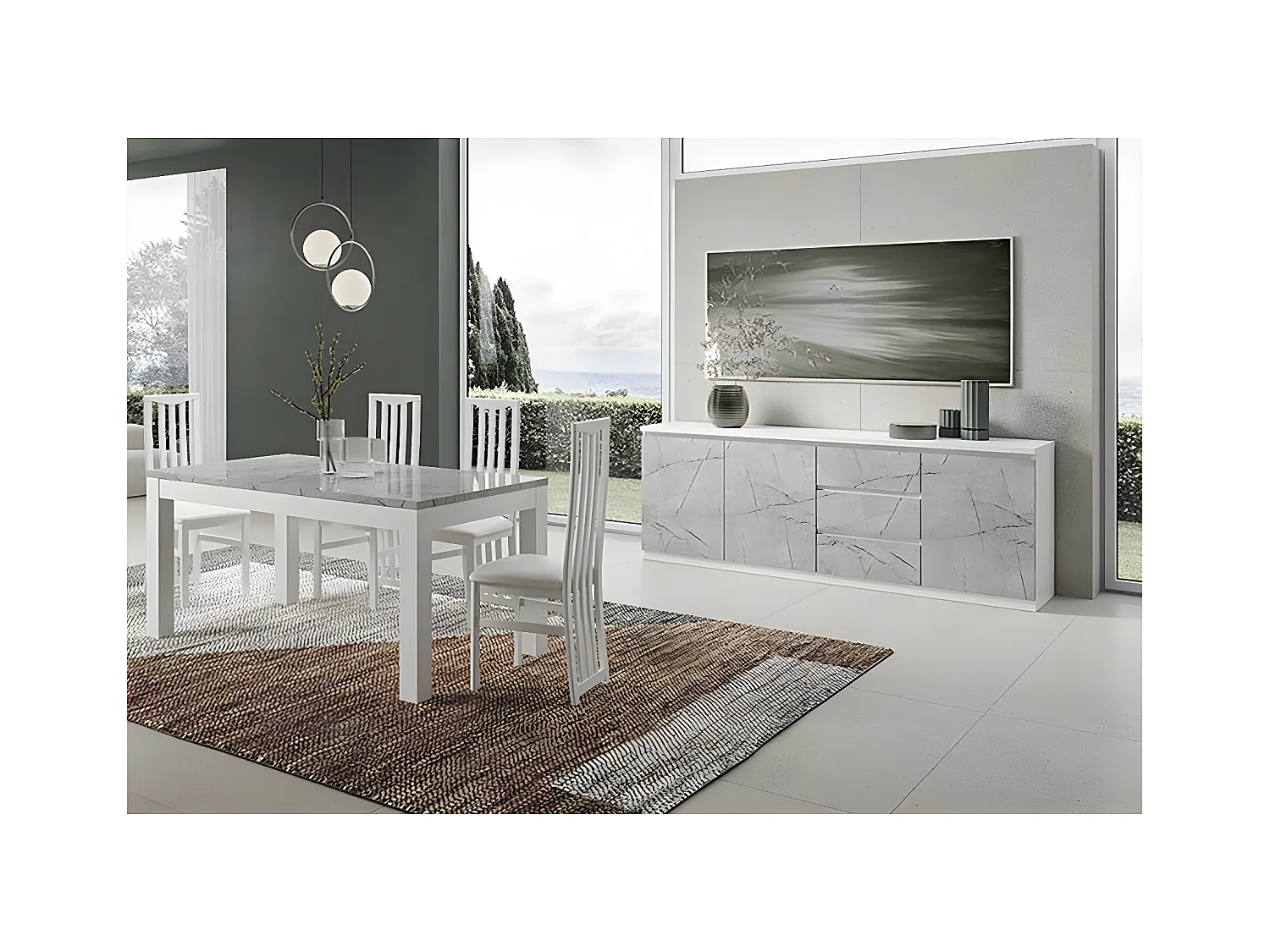 DEYTON - Ensemble Séjour Blanc et Gris Marbré Table 190cm + Buffet 3 Portes