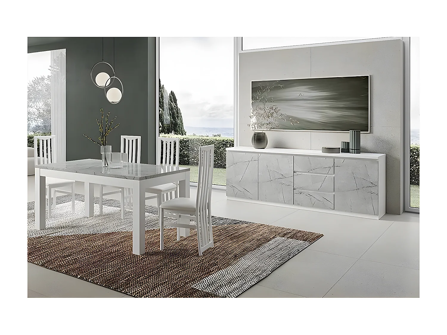 DEYTON - Ensemble Séjour Blanc et Gris Marbré Table 190cm + Buffet 3 Portes