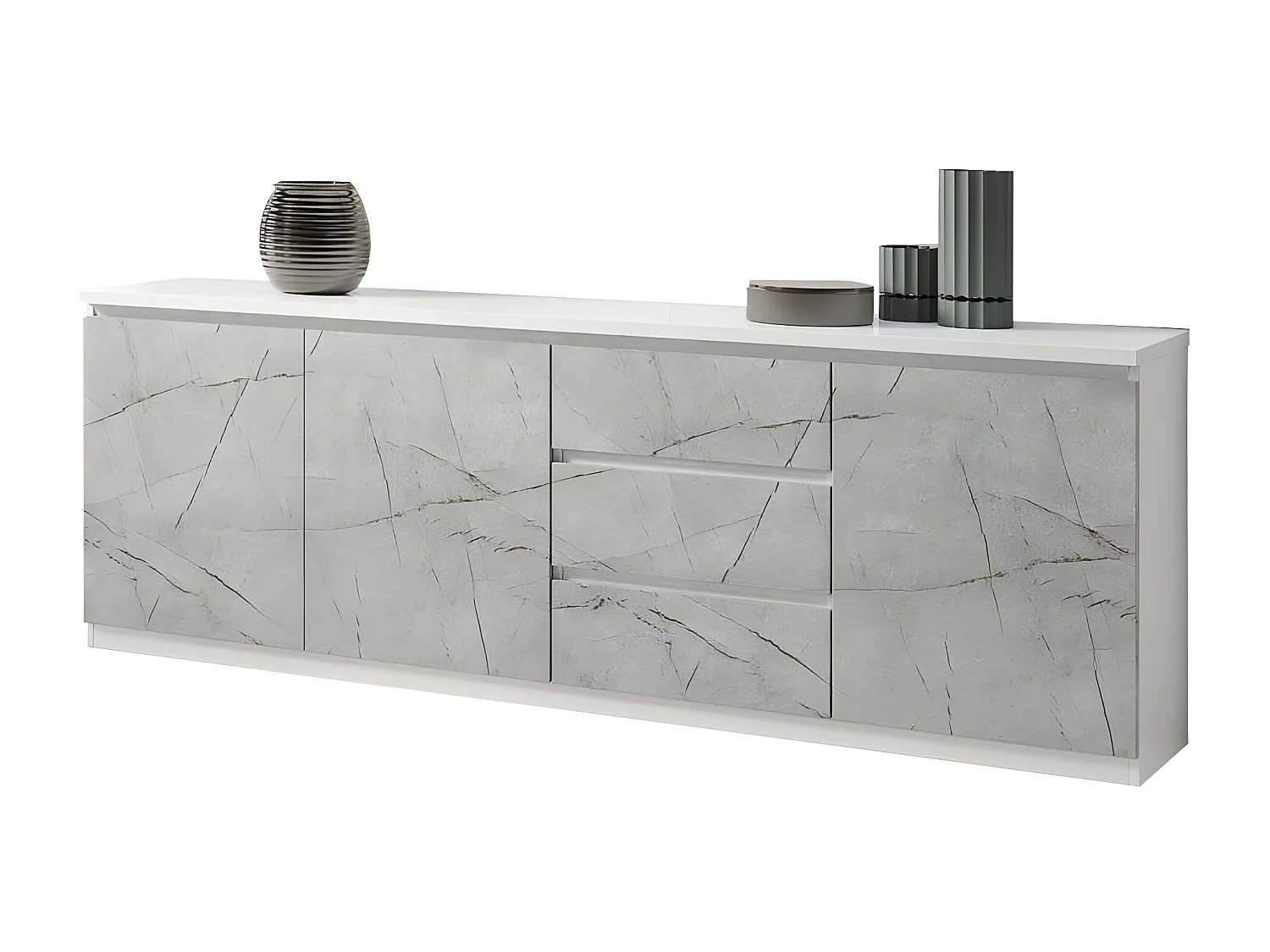 DEYTON - Ensemble Séjour Blanc et Gris Marbré Table 190cm + Buffet 3 Portes