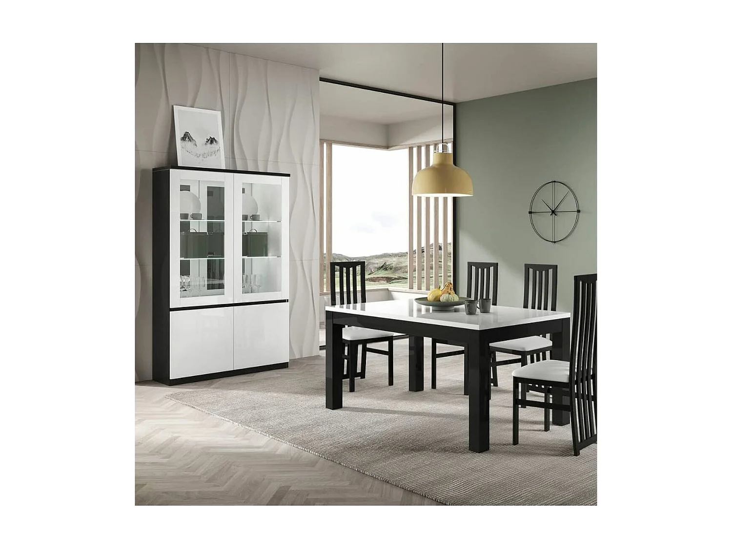 DEYTON - Ensemble Séjour Laqué Noir et Blanc Table 190cm + Vitrine avec Leds