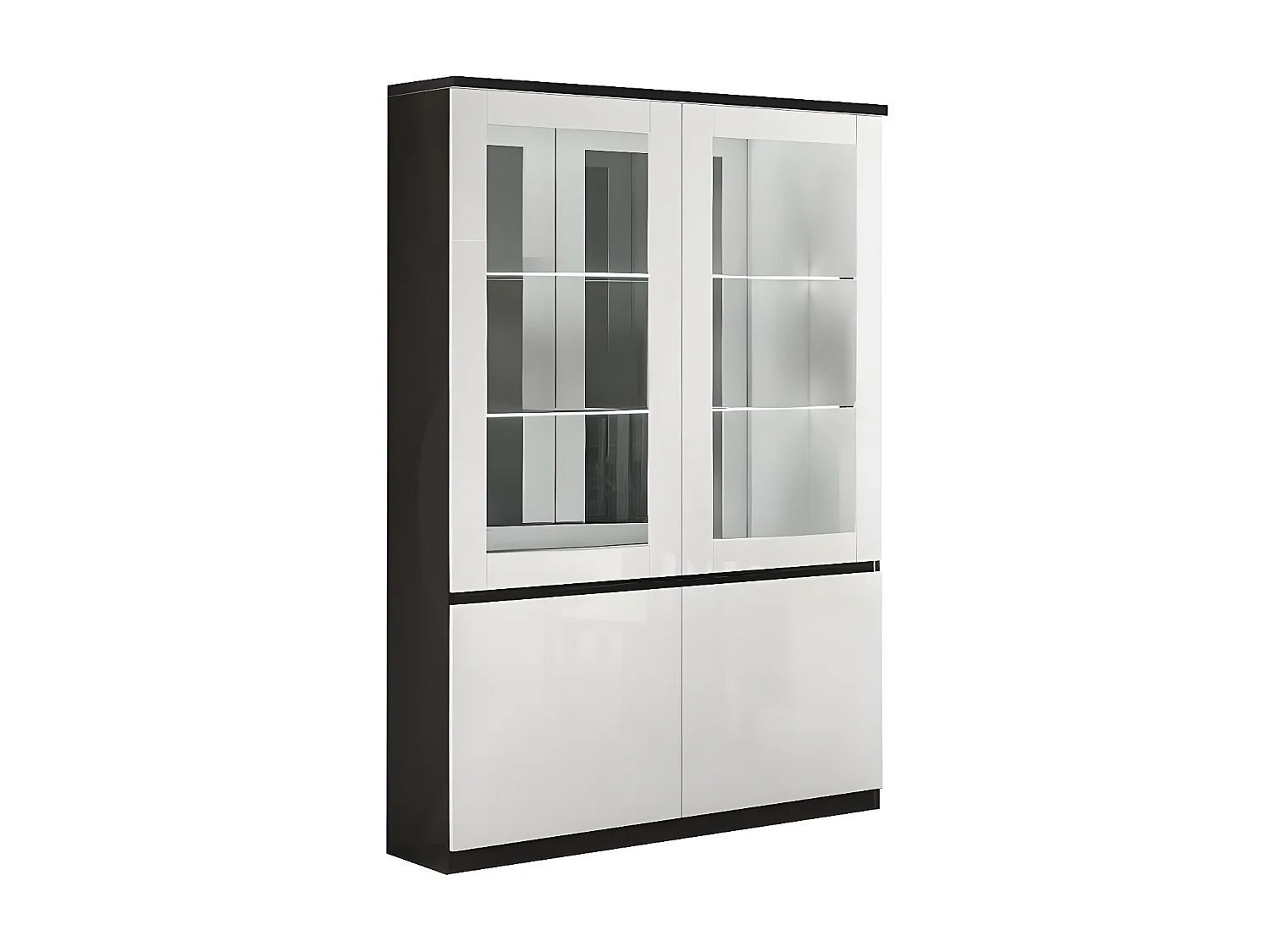 DEYTON - Ensemble Séjour Laqué Noir et Blanc Table 190cm + Vitrine avec Leds