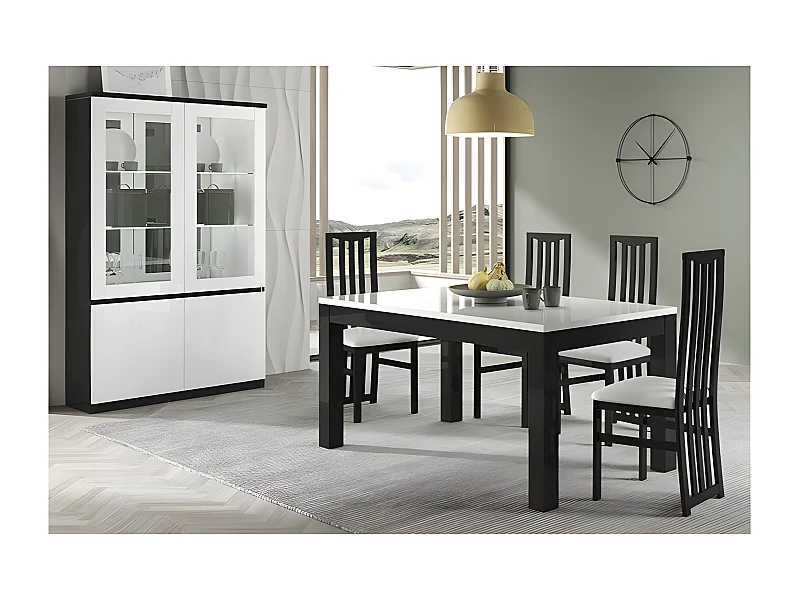 DEYTON - Ensemble Séjour Laqué Noir et Blanc Table 190cm + Vitrine avec Leds