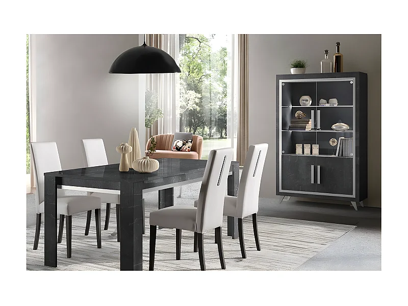 GUEDA - Ensemble Séjour Effet Marbre Anthracite Table 190cm + Vitrine avec Leds