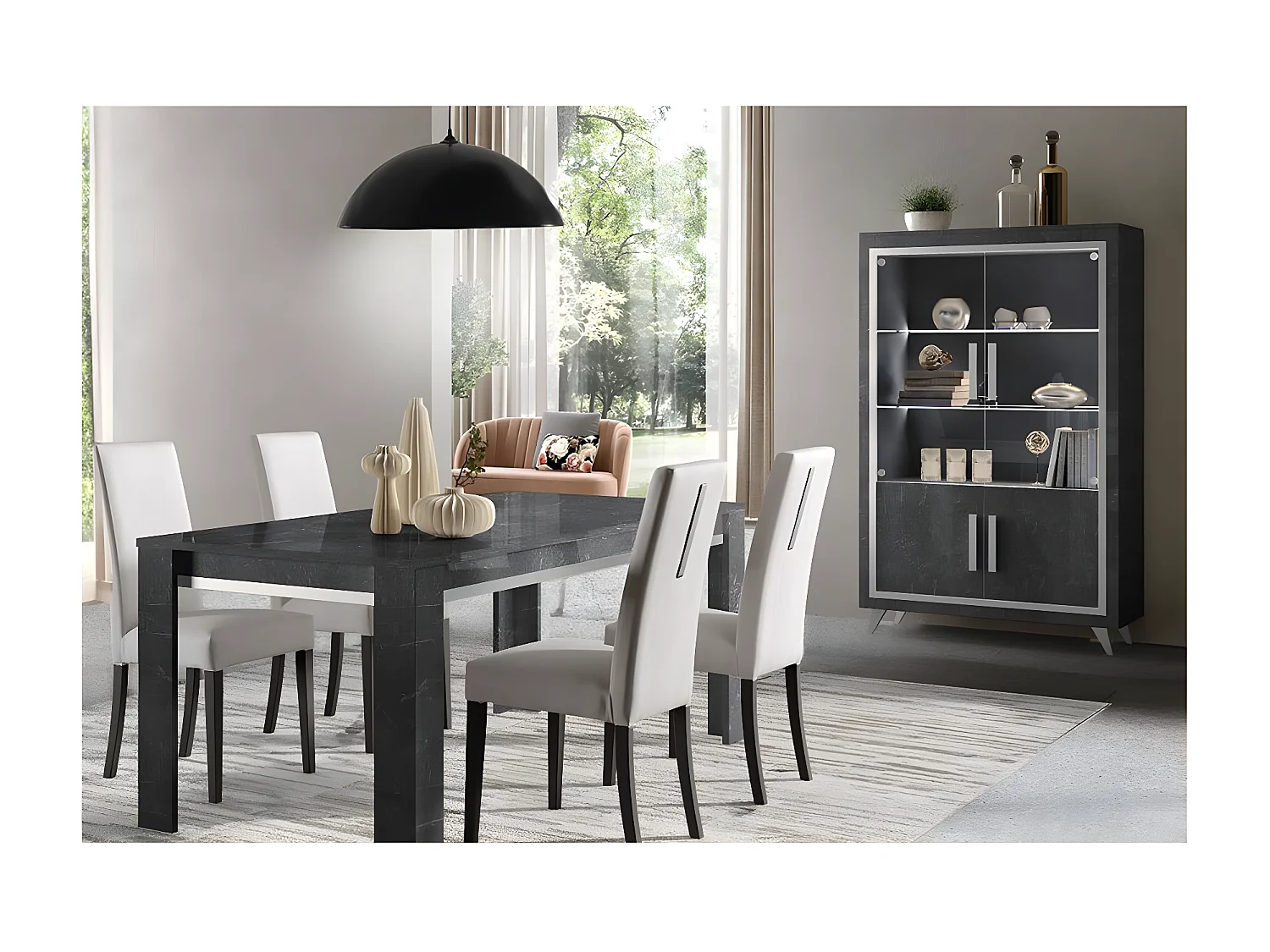 GUEDA - Ensemble Séjour Effet Marbre Anthracite Table 190cm + Vitrine avec Leds