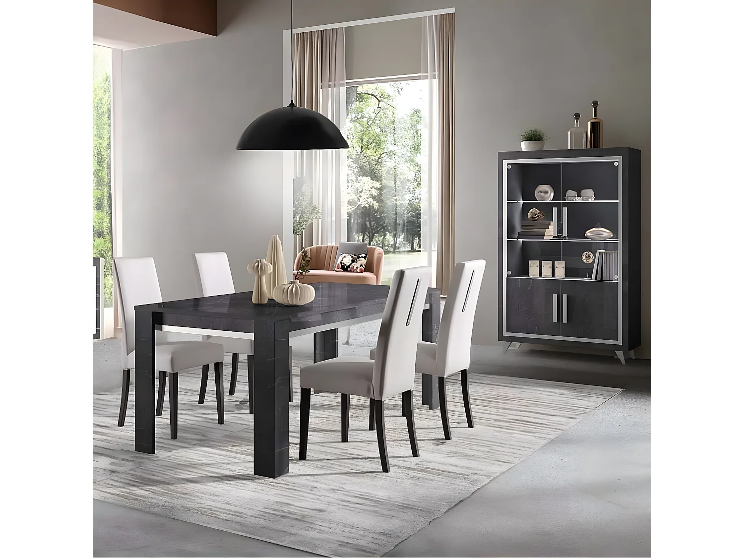 GUEDA - Ensemble Séjour Effet Marbre Anthracite Table 190cm + Vitrine avec Leds