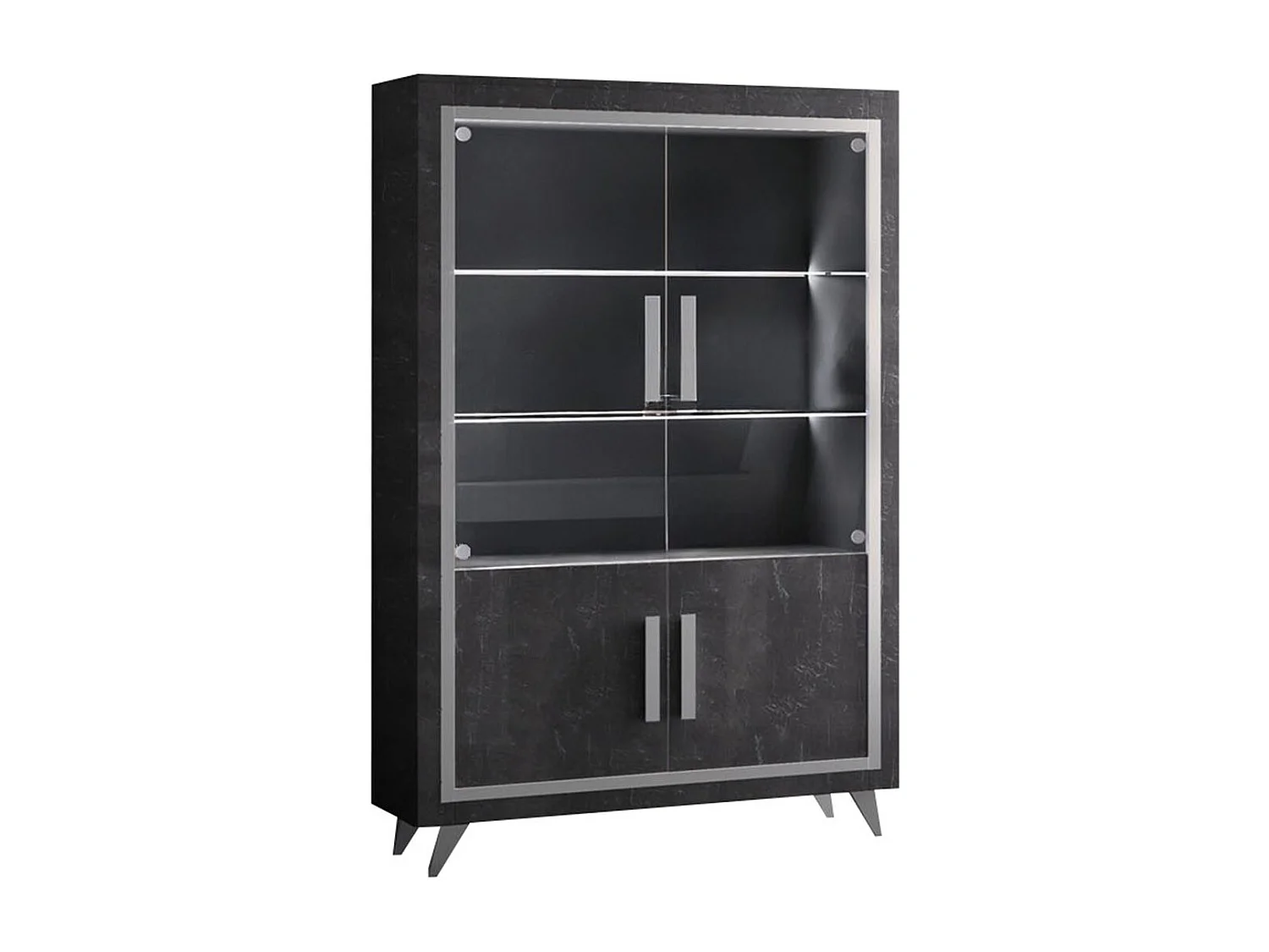 GUEDA - Ensemble Séjour Effet Marbre Anthracite Table 190cm + Vitrine avec Leds