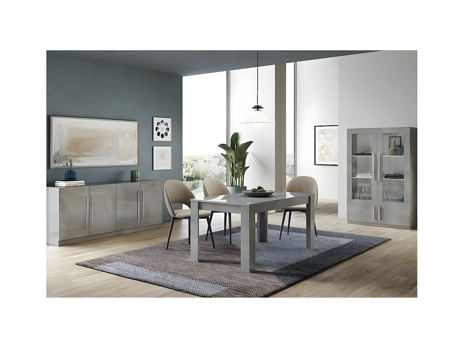 CLARK - Ensemble Séjour Complet Effet Marbre Table 190cm + Buffet + Vitrine avec Leds