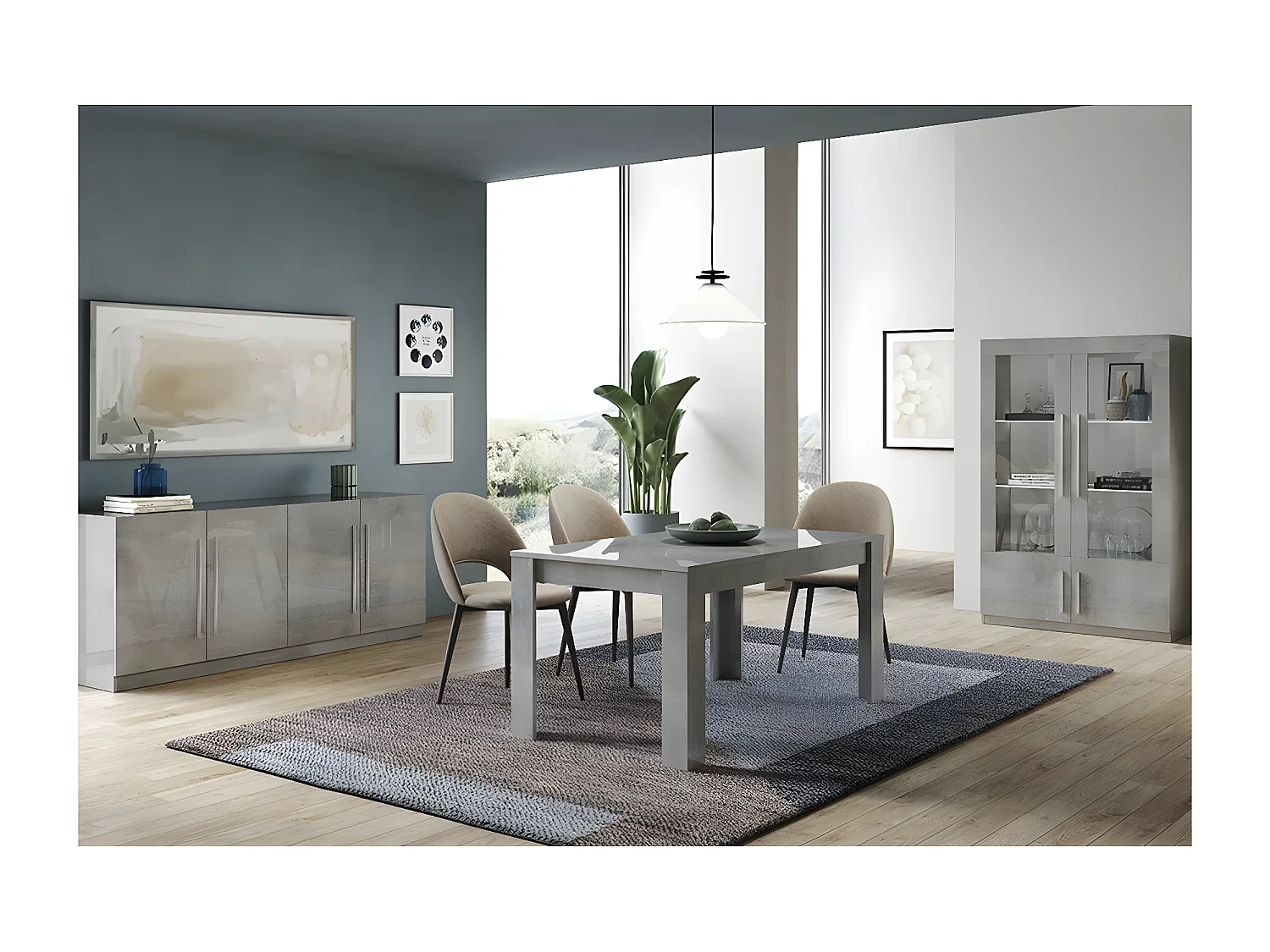 CLARK - Ensemble Séjour Complet Effet Marbre Table 190cm + Buffet + Vitrine avec Leds