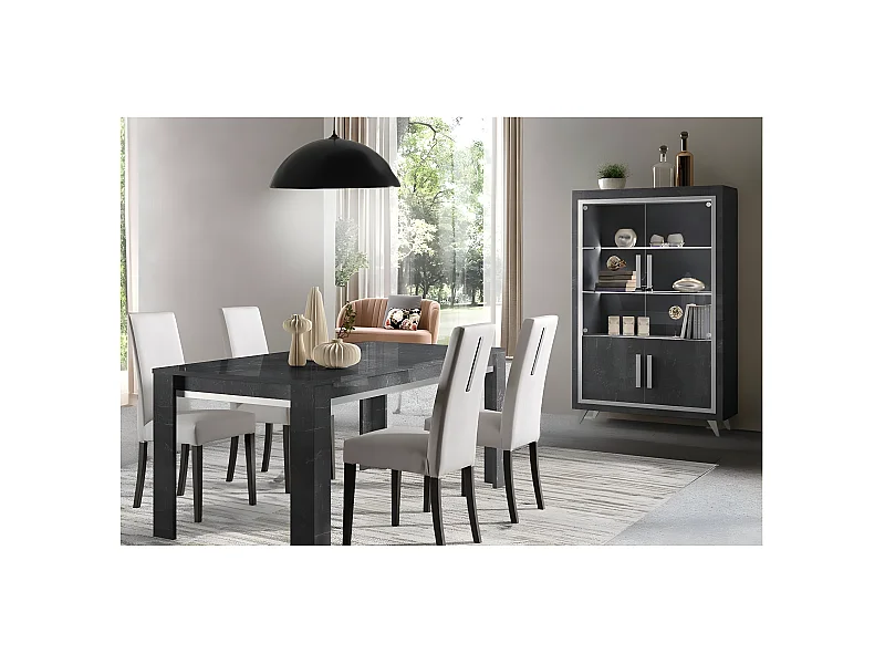 GUEDA - Ensemble Séjour Effet Marbre Anthracite Table 160cm + Vitrine avec Leds