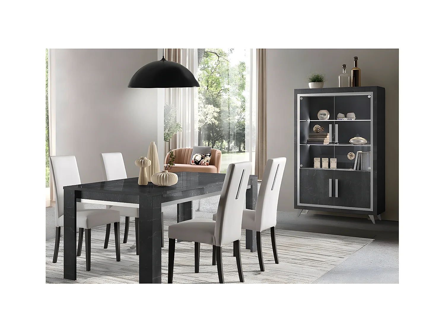 GUEDA - Ensemble Séjour Effet Marbre Anthracite Table 160cm + Vitrine avec Leds