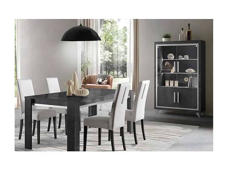 GUEDA - Ensemble Séjour Effet Marbre Anthracite Table 160cm + Vitrine avec Leds