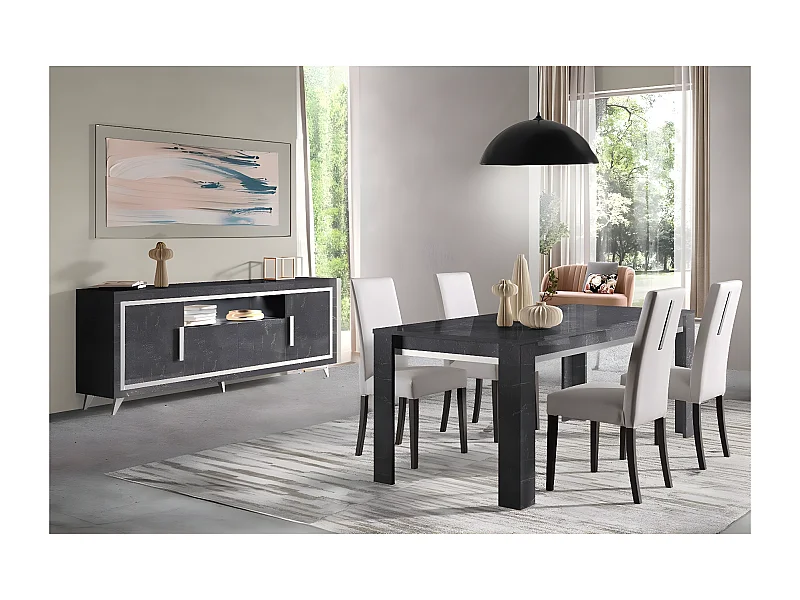 GUEDA - Ensemble Séjour Effet Marbre Anthracite Table 160cm + Buffet avec Leds
