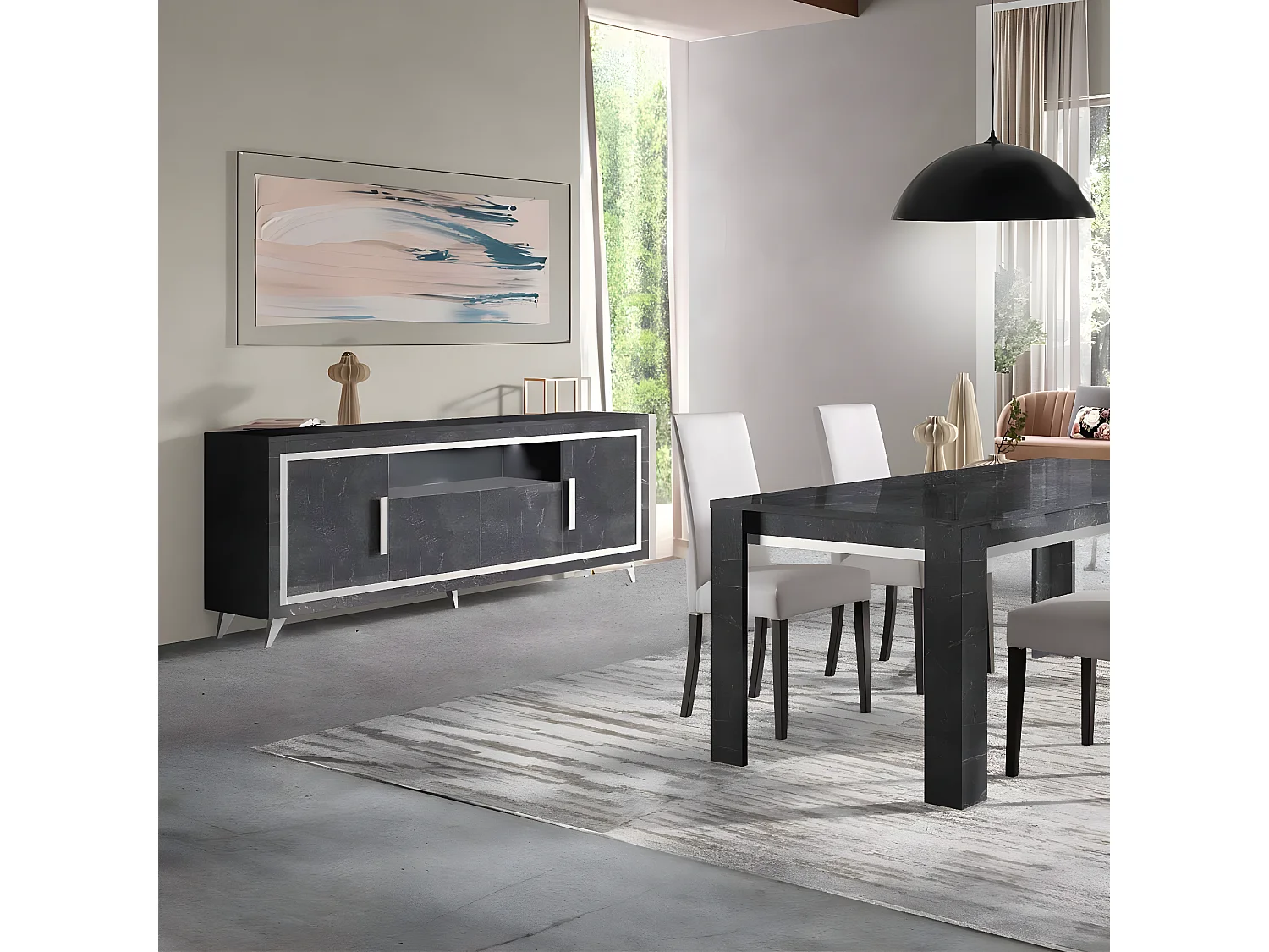 GUEDA - Ensemble Séjour Effet Marbre Anthracite Table 160cm + Buffet avec Leds