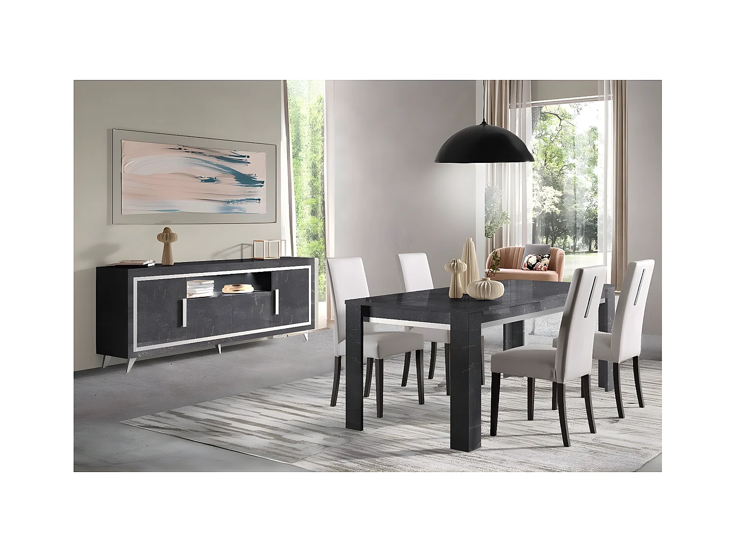 GUEDA - Ensemble Séjour Effet Marbre Anthracite Table 160cm + Buffet avec Leds