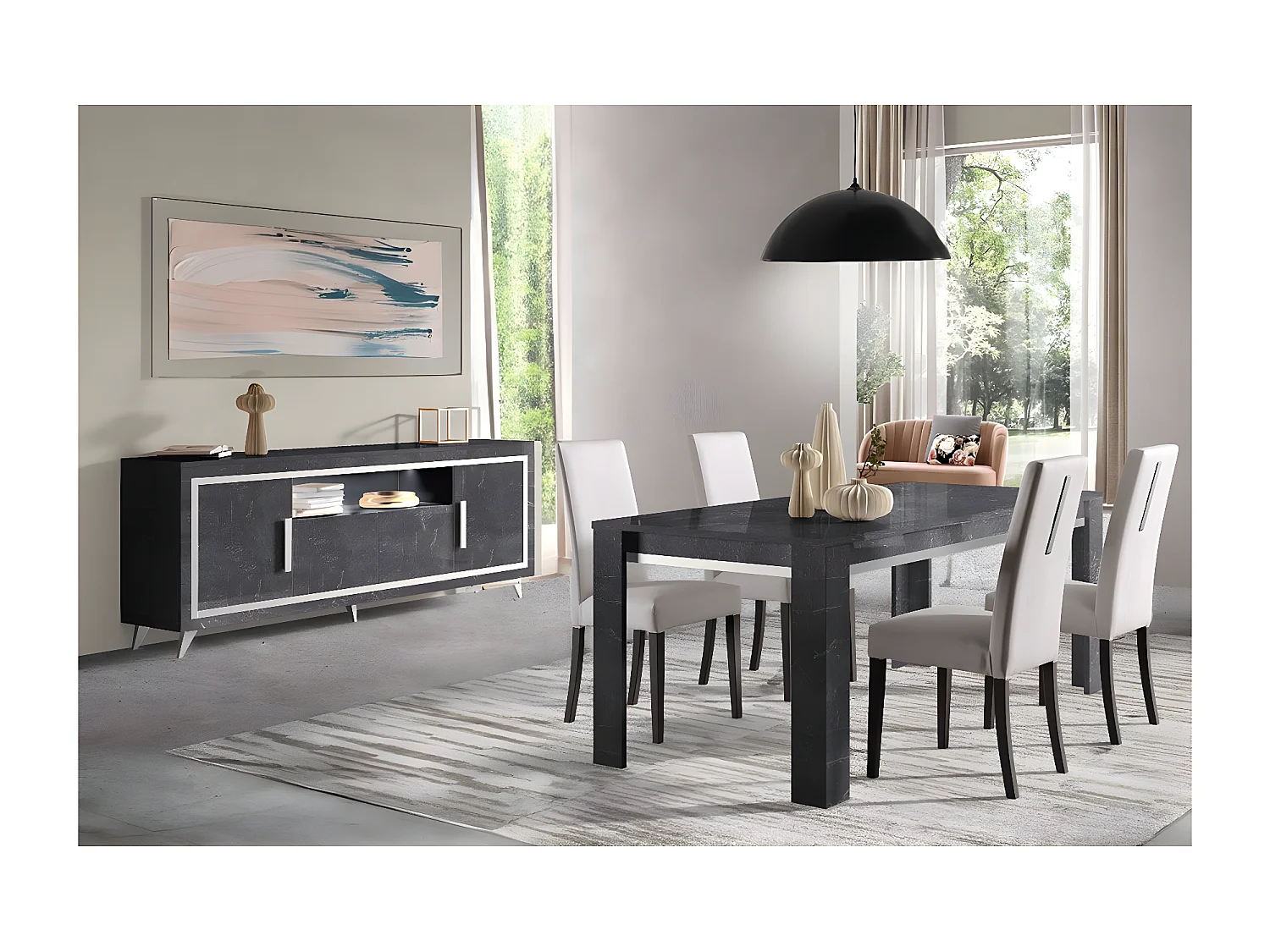GUEDA - Ensemble Séjour Effet Marbre Anthracite Table 160cm + Buffet avec Leds