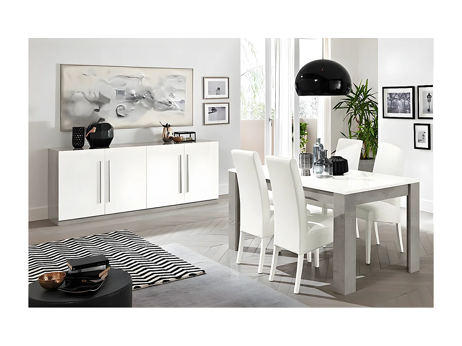CLARK - Ensemble Séjour Blanc et Marbre Table 160cm + Buffet 4 Portes