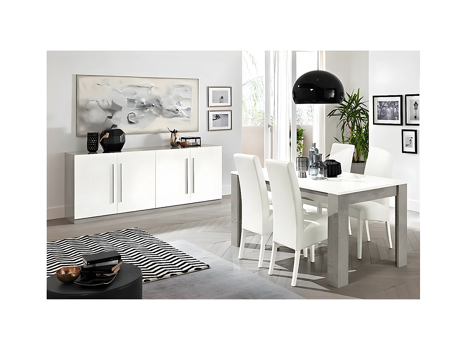 CLARK - Ensemble Séjour Blanc et Marbre Table 160cm + Buffet 4 Portes