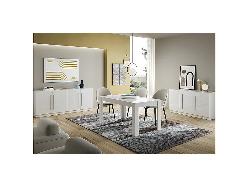 CLARK - Ensemble Séjour Laqué Blanc Table 190cm + Buffets 3 et 4 Portes