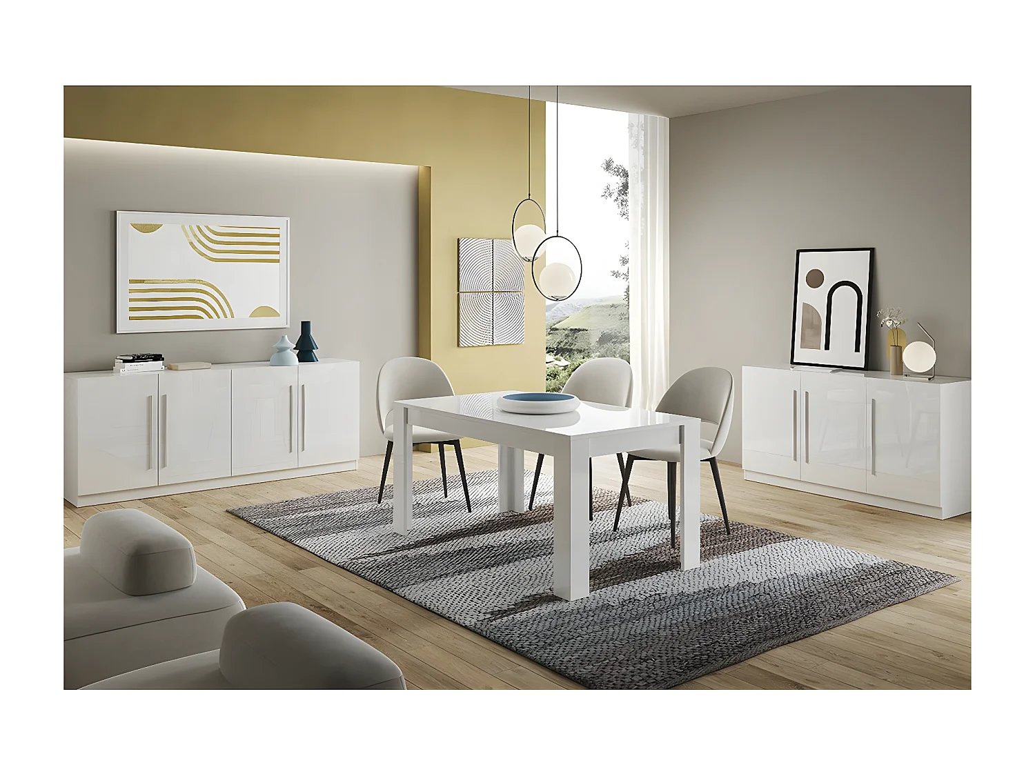 CLARK - Ensemble Séjour Laqué Blanc Table 190cm + Buffets 3 et 4 Portes