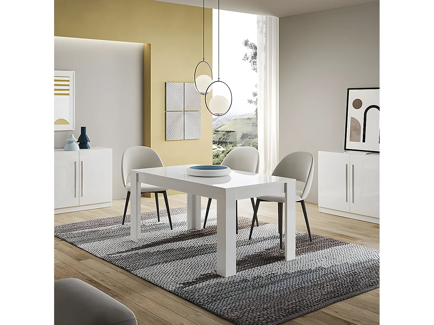 CLARK - Ensemble Séjour Laqué Blanc Table 190cm + Buffets 3 et 4 Portes