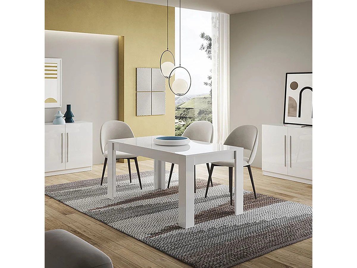 CLARK - Ensemble Séjour Laqué Blanc Table 190cm + Buffets 3 et 4 Portes