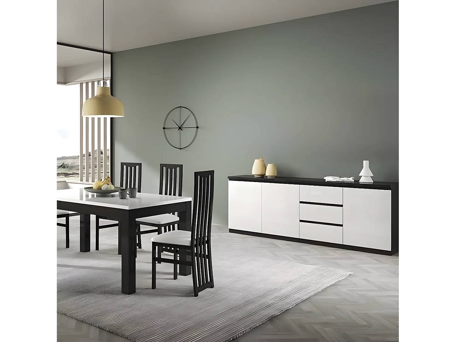DEYTON - Ensemble Séjour Laqué Noir et Blanc Table 190cm + Buffet 3 Portes