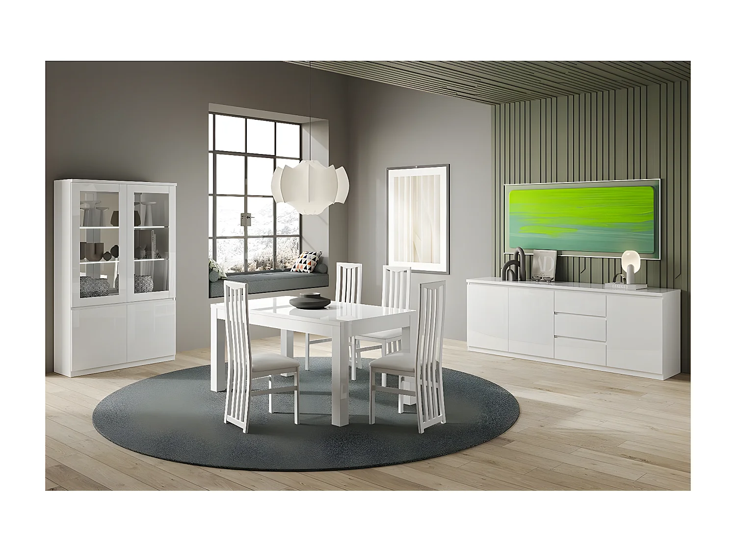 DEYTON - Ensemble Séjour Laqué Blanc Table 190cm + Buffet 3 Portes