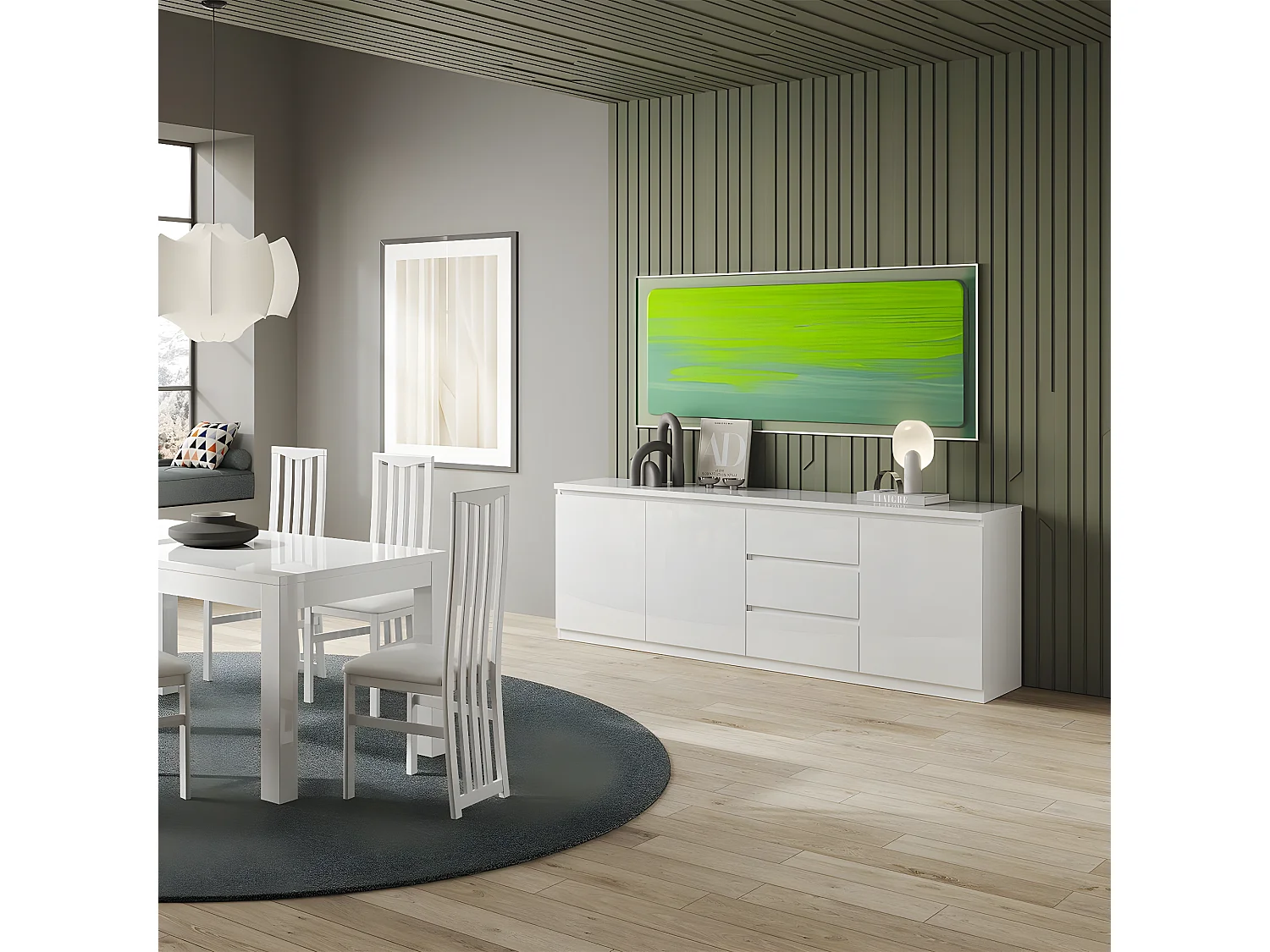 DEYTON - Ensemble Séjour Laqué Blanc Table 190cm + Buffet 3 Portes