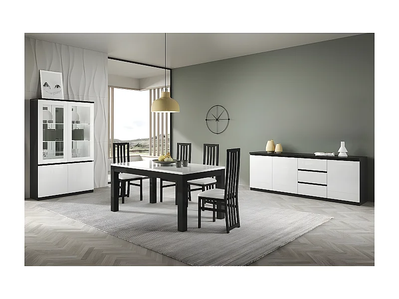 DEYTON - Ensemble Séjour Complet Laqué Noir et Blanc Table 190cm + Buffet + Vitrine avec Leds