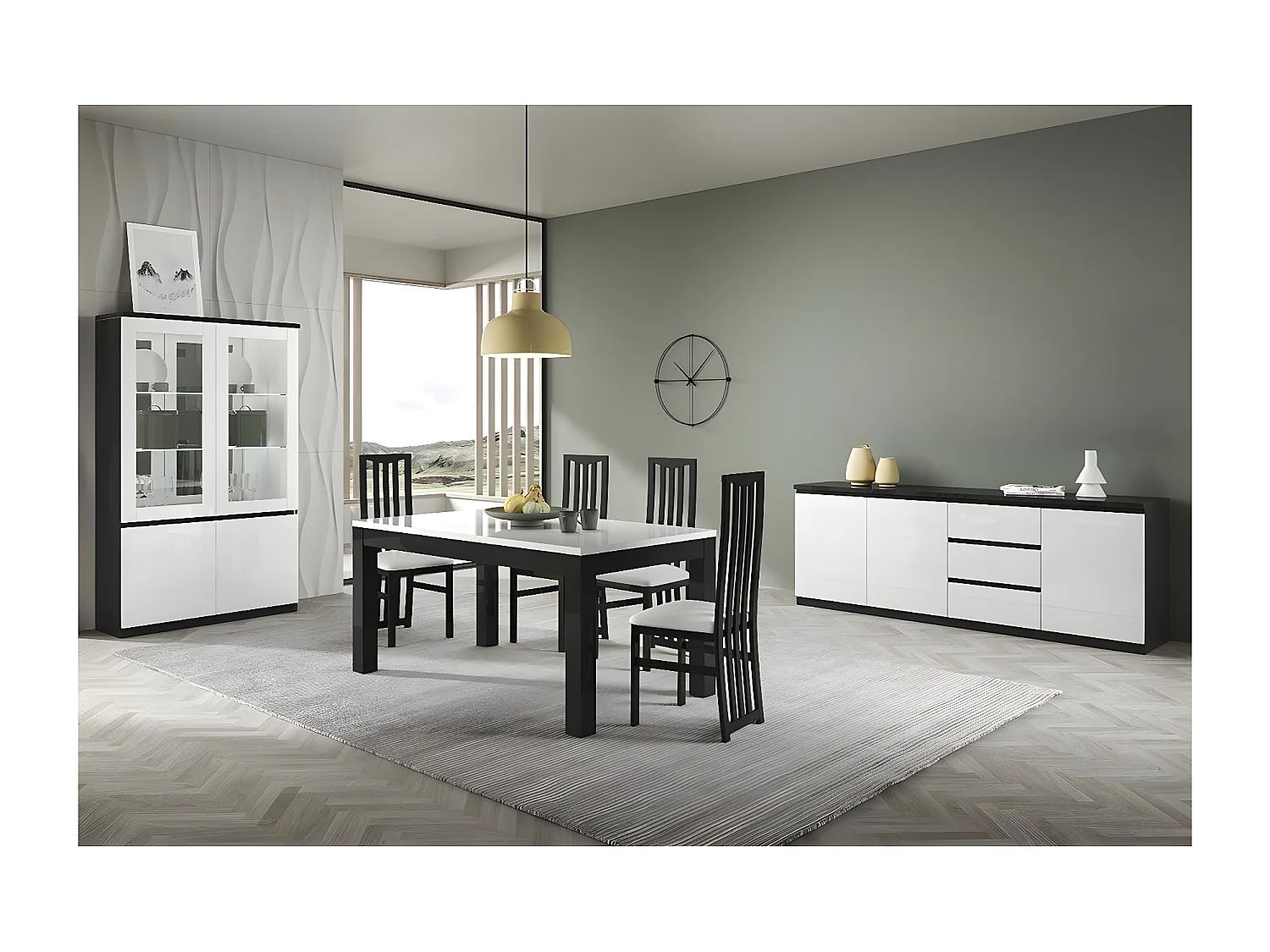 DEYTON - Ensemble Séjour Complet Laqué Noir et Blanc Table 190cm + Buffet + Vitrine avec Leds