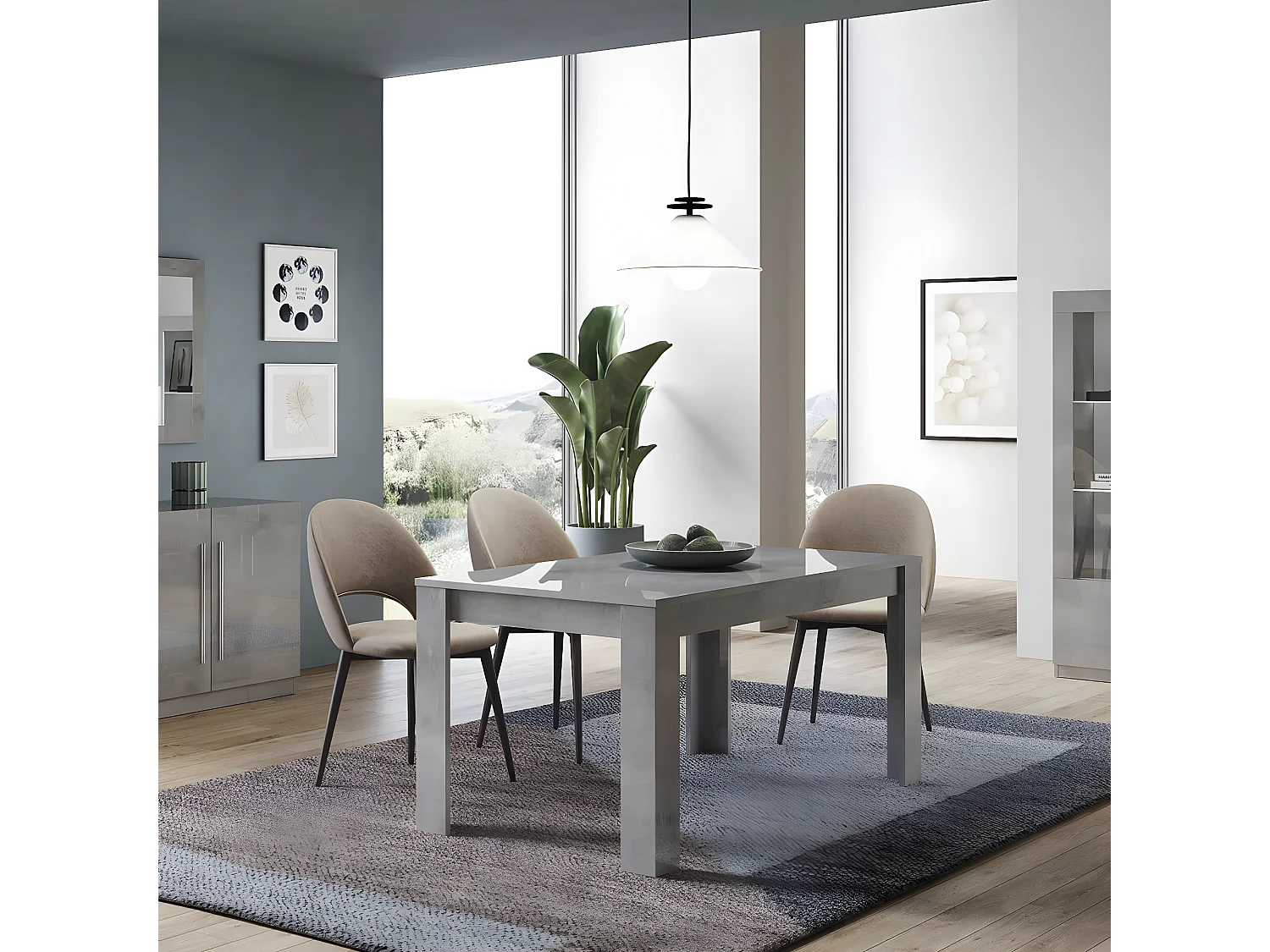 CLARK - Ensemble Séjour Complet Effet Marbre Table 160cm + Buffet + Vitrine avec Leds