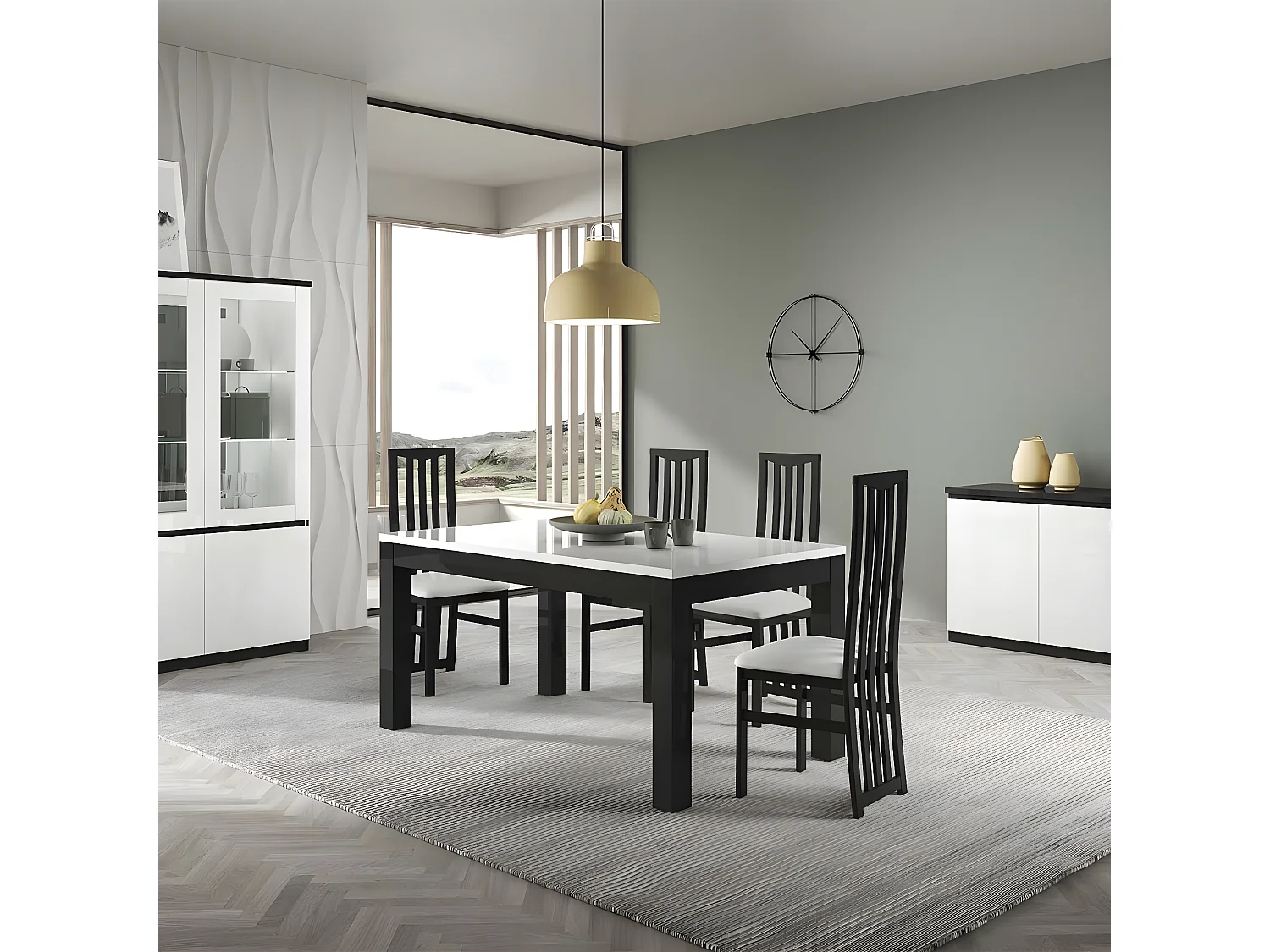 DEYTON - Ensemble Séjour Complet Laqué Noir et Blanc Table 160cm + Buffet + Vitrine avec Leds