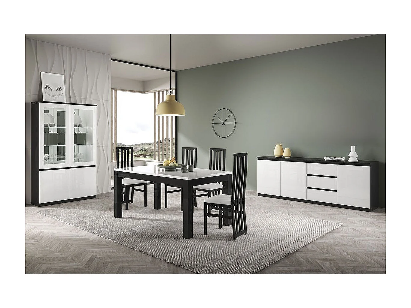 DEYTON - Ensemble Séjour Complet Laqué Noir et Blanc Table 160cm + Buffet + Vitrine avec Leds