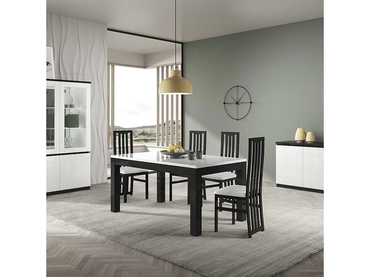 DEYTON - Ensemble Séjour Complet Laqué Noir et Blanc Table 160cm + Buffet + Vitrine avec Leds