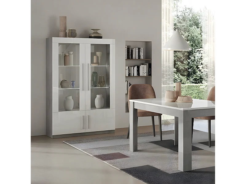 CLARK - Ensemble Séjour Blanc et Marbre Table 160cm + Vitrine 4 Portes avec Leds