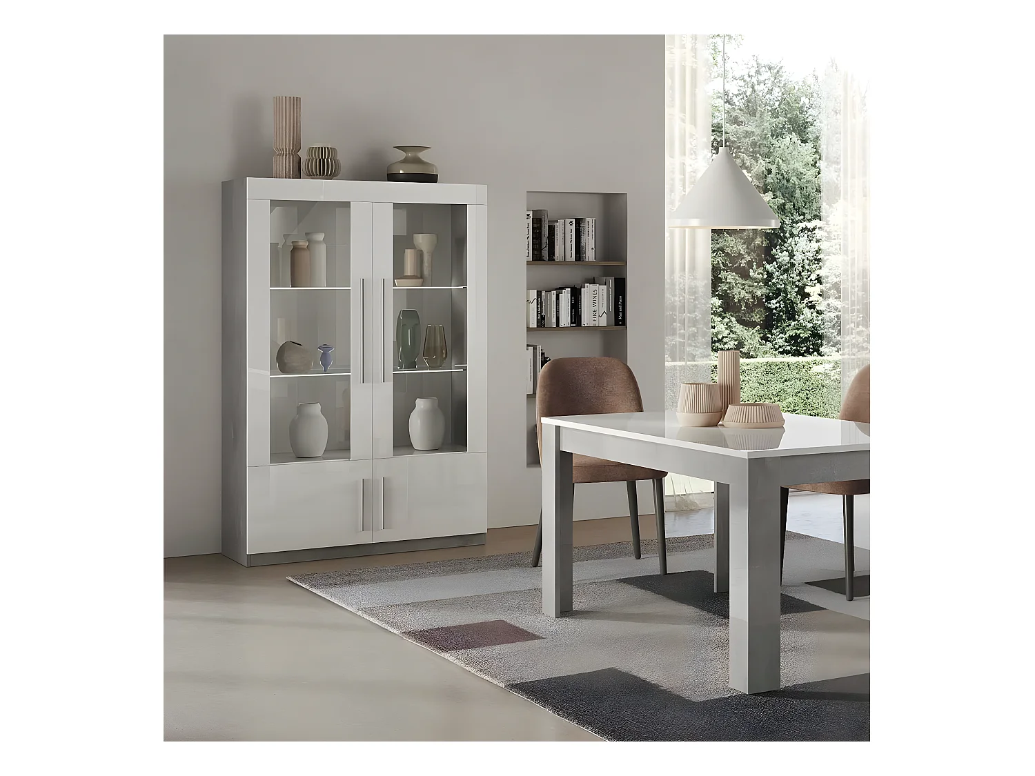 CLARK - Ensemble Séjour Blanc et Marbre Table 160cm + Vitrine 4 Portes avec Leds