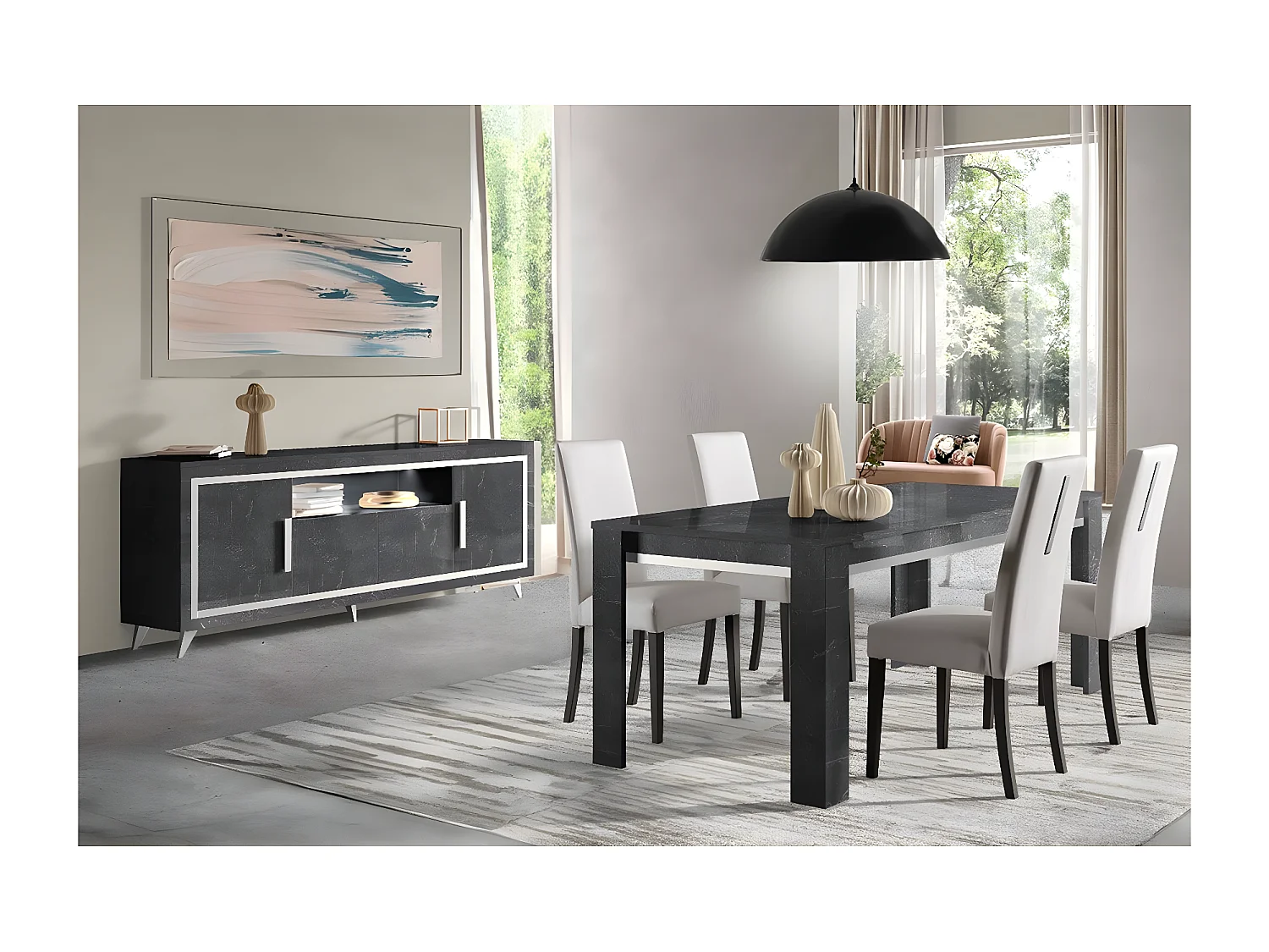 GUEDA - Ensemble Séjour Effet Marbre Anthracite Table 190cm + Buffet avec Leds