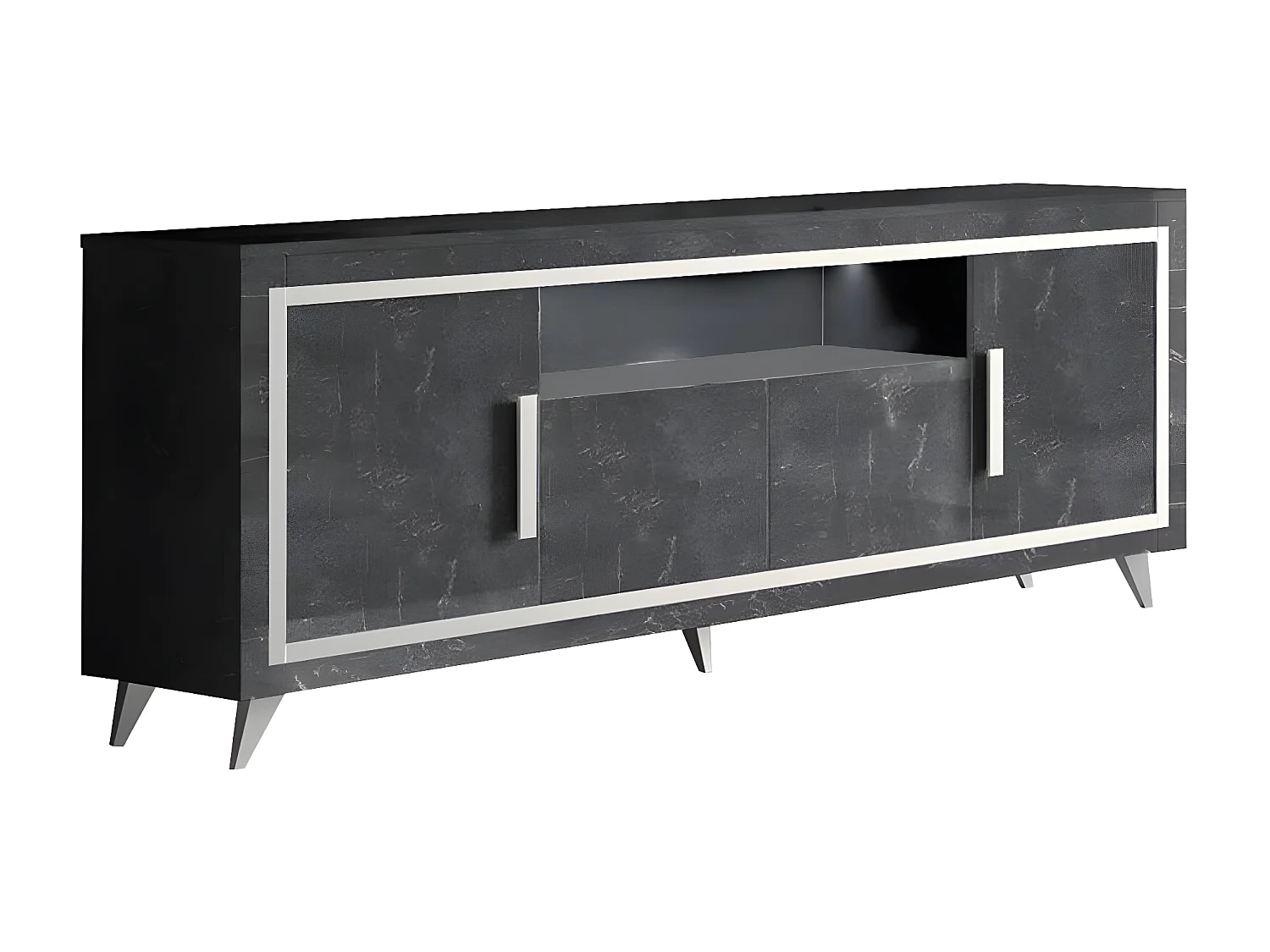 GUEDA - Ensemble Séjour Effet Marbre Anthracite Table 190cm + Buffet avec Leds