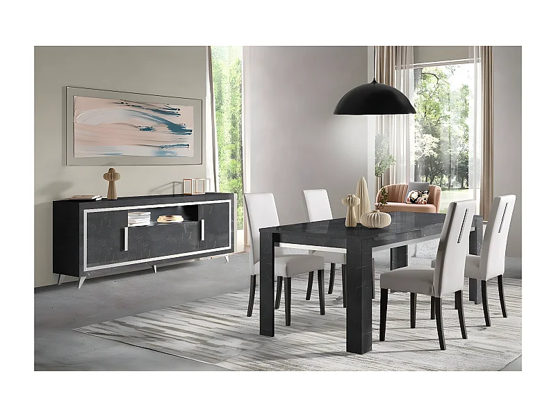 GUEDA - Ensemble Séjour Effet Marbre Anthracite Table 190cm + Buffet avec Leds