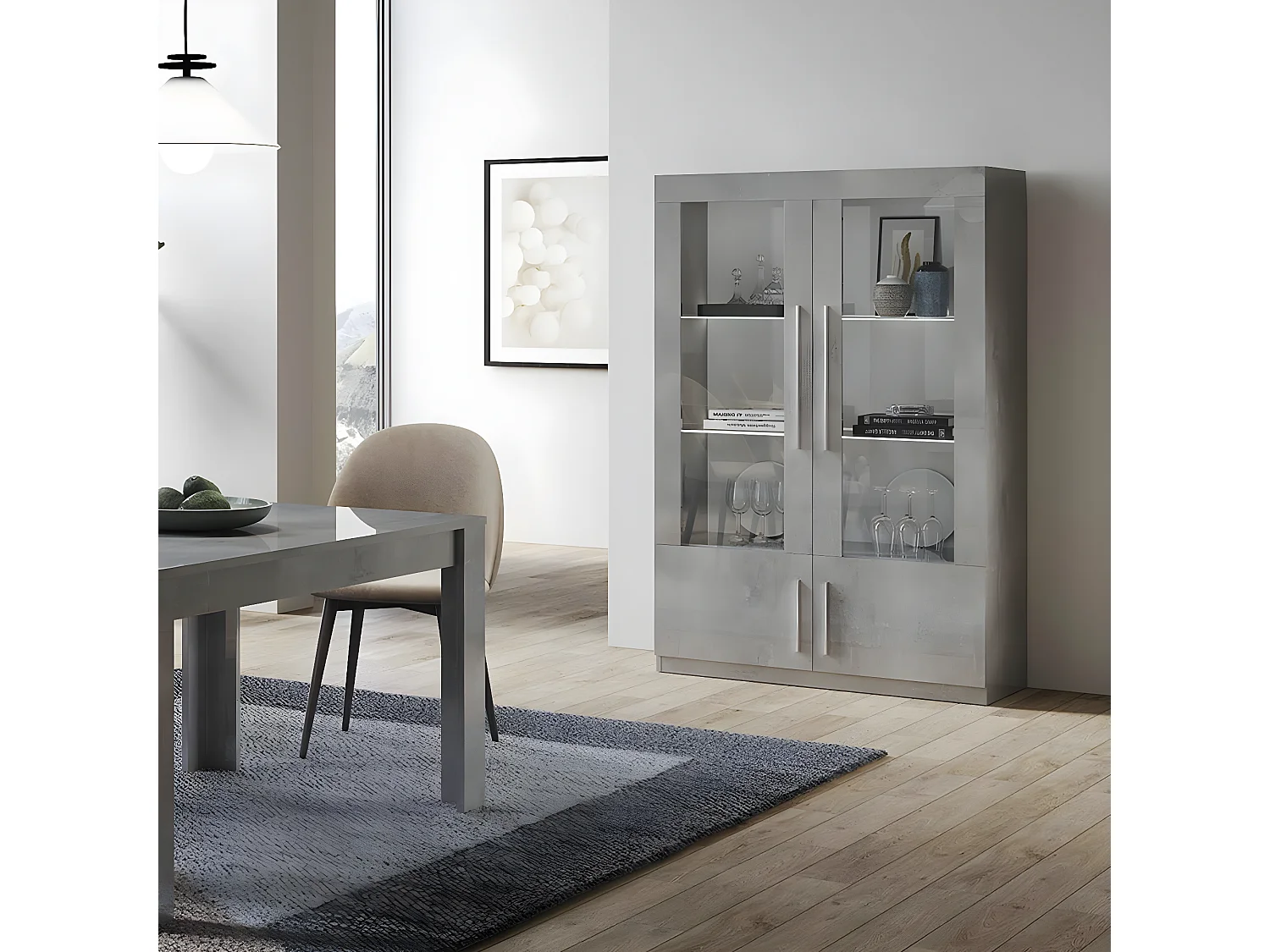 CLARK - Ensemble Séjour Effet Marbre Table 160cm + Vitrine 4 Portes avec Leds