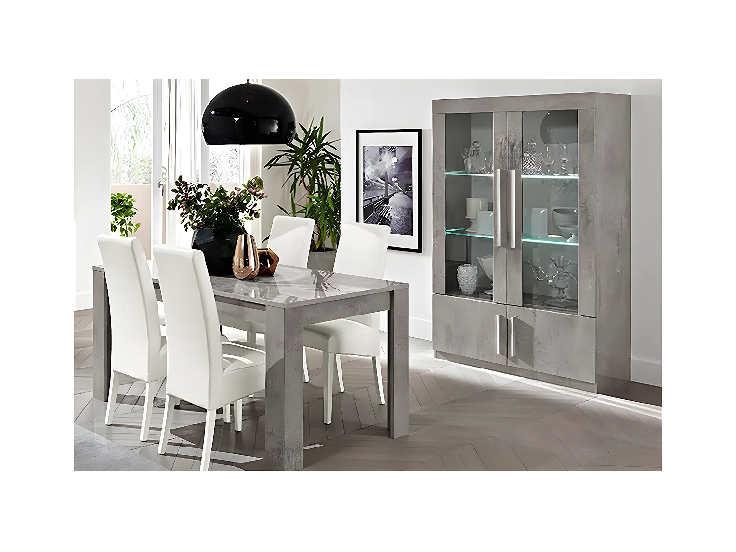 CLARK - Ensemble Séjour Effet Marbre Table 160cm + Vitrine 4 Portes avec Leds